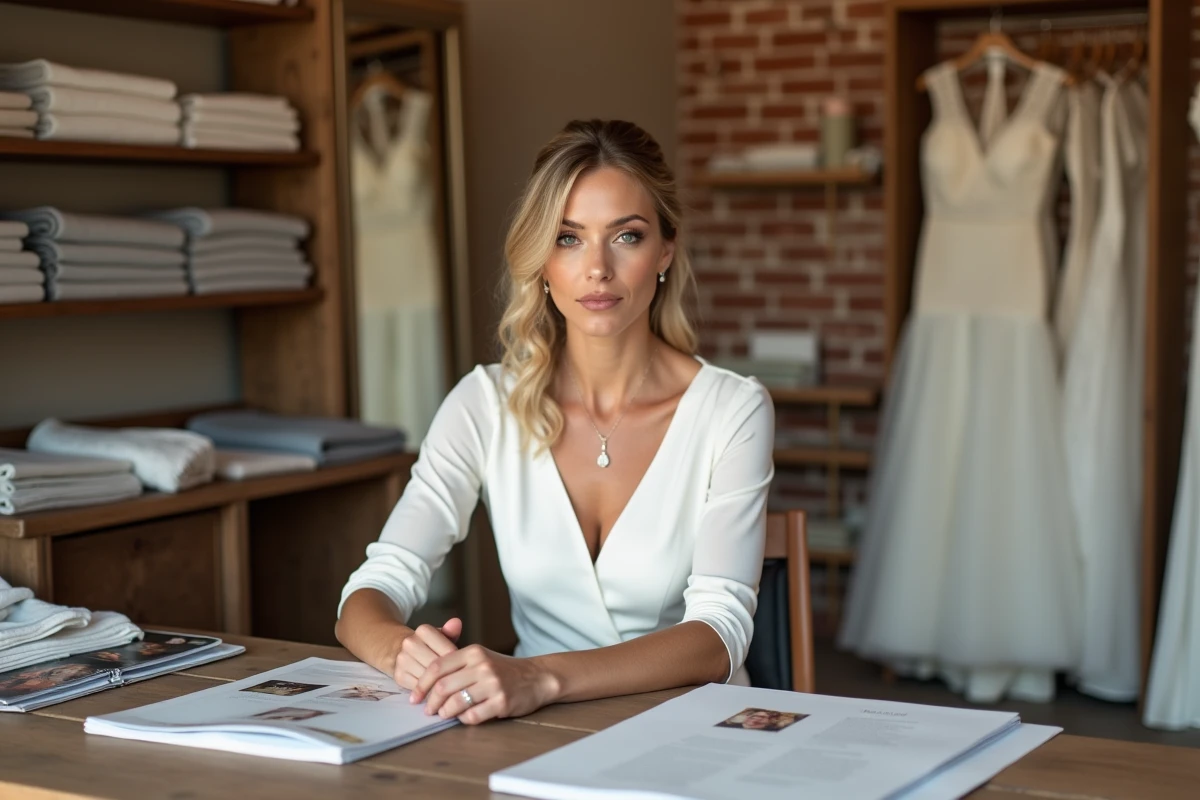 Future mariée en robe de crêpe ajustée lors d'une consultation en boutique avec des échantillons de tissus et tarifs, illustrant l'impact de la saison sur le prix final d'une robe de mariée