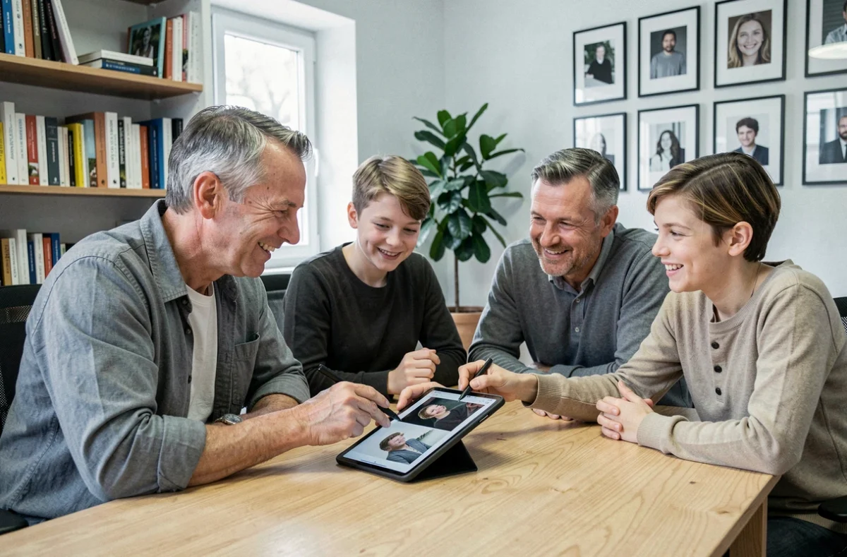 Photographe présentant les photos à une famille lors d'une consultation à Gagny