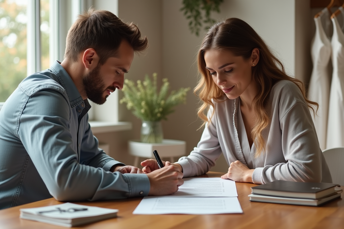 Couple signant un contrat de dépôt de robe de mariée à la maison