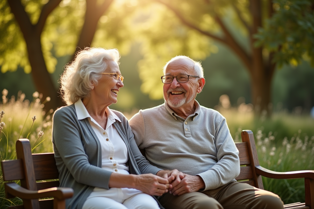 Couple âgé tenant la main dans un jardin ensoleille