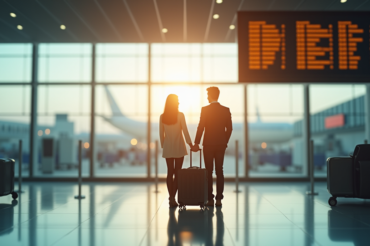 Couple à l'aéroport regardant le tableau des départs