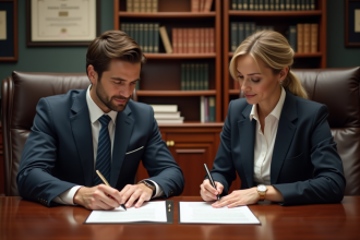 Couple professionnel examine un contrat de mariage en office
