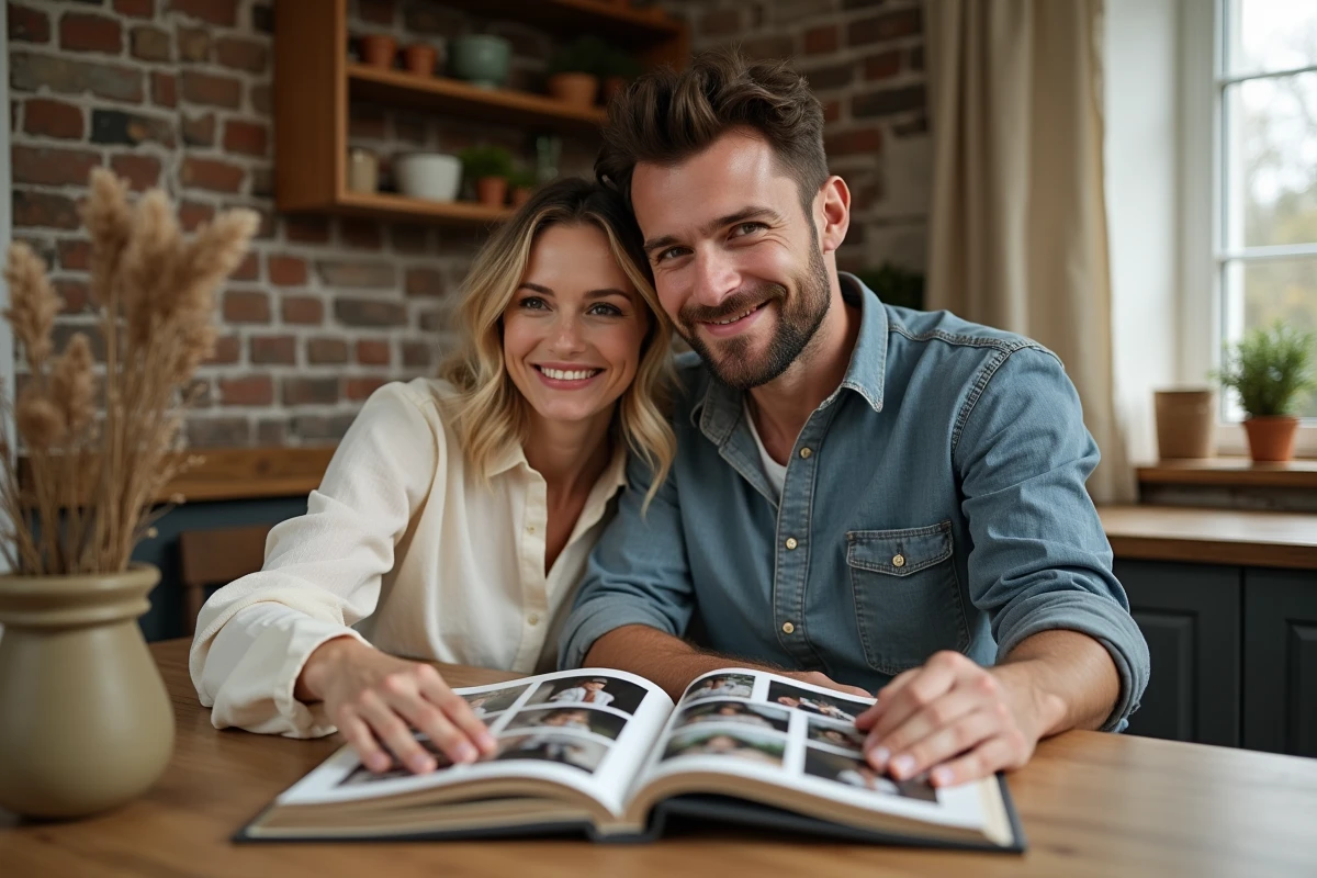 Couple feuilletant un album photo souvenir pour leur anniversaire de noces de coton
