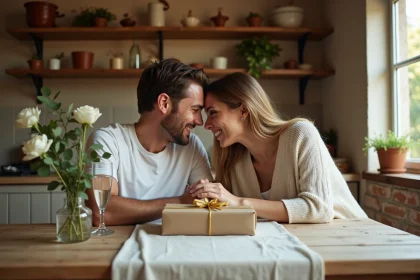 Couple célébrant leurs 2 ans de mariage avec des cadeaux en coton sur une table rustique dans une cuisine scandinave