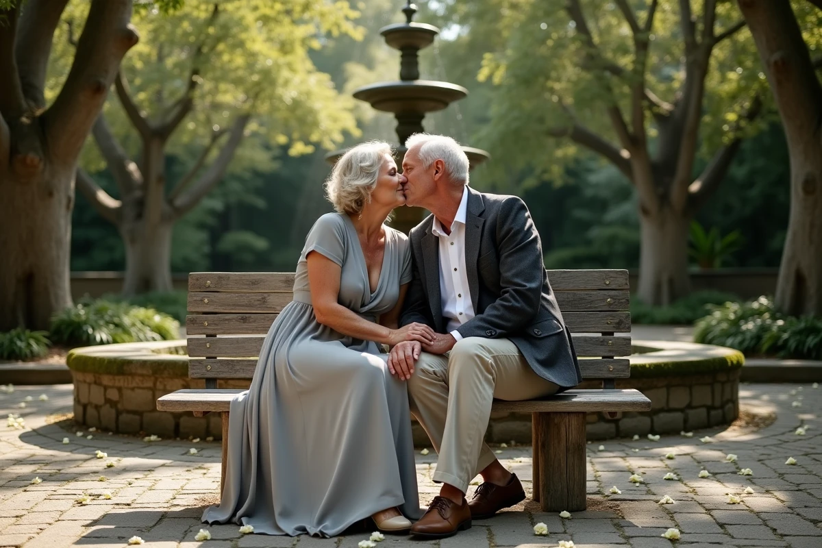 Couple d'une cinquantaine d'années célébrant 36 ans de mariage avec un tendre baiser dans une cour jardinée, noce de mousseline symbolisée par une robe gris perle