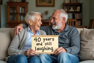 Couple d'âge moyen souriant avec panneau anniversaire