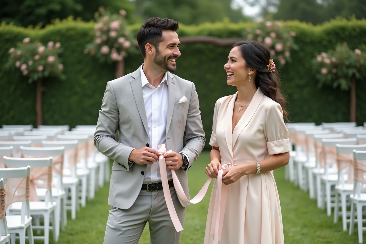 Jeune couple attachant des rubans sur des chaises de mariage