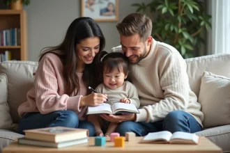 Jeune couple avec enfant autour de noms de bébé dans un salon chaleureux
