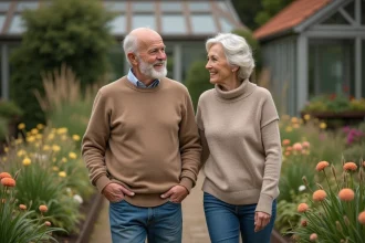 Couple français souriant dans un jardin botanique