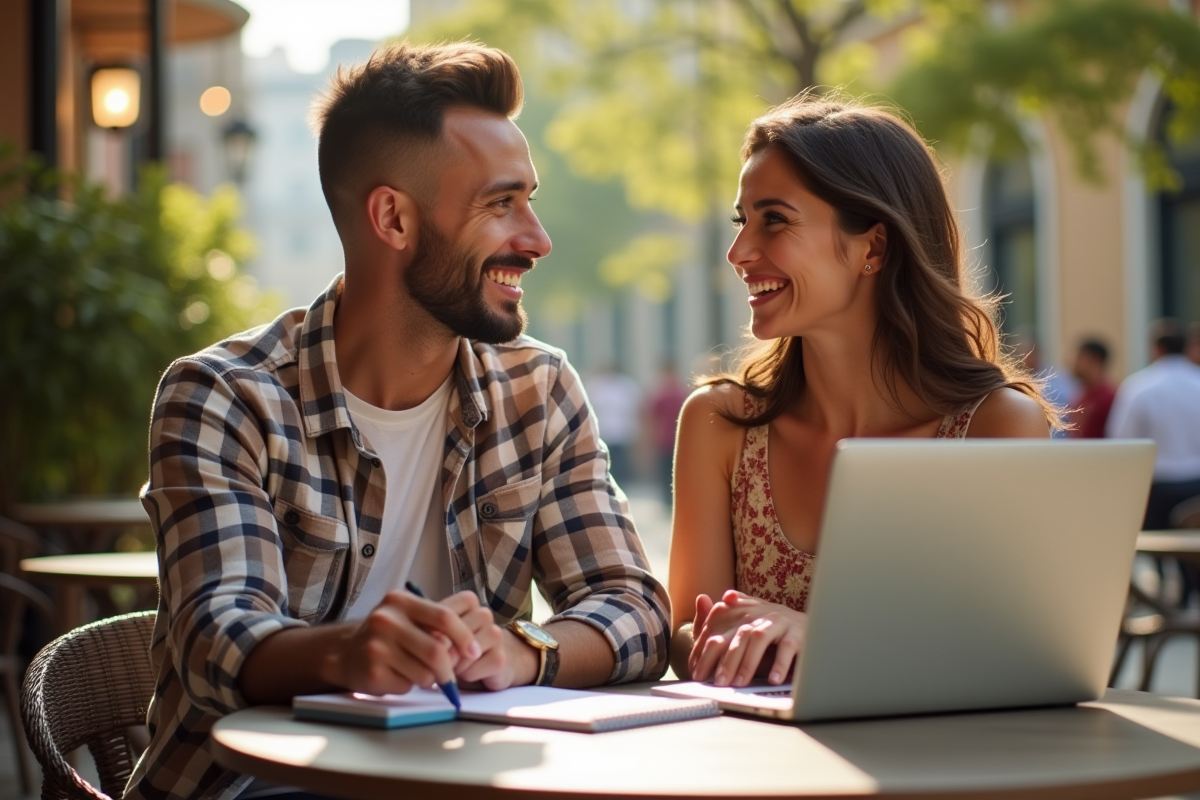 Couple souriant au café discutant de voyage avec bagues