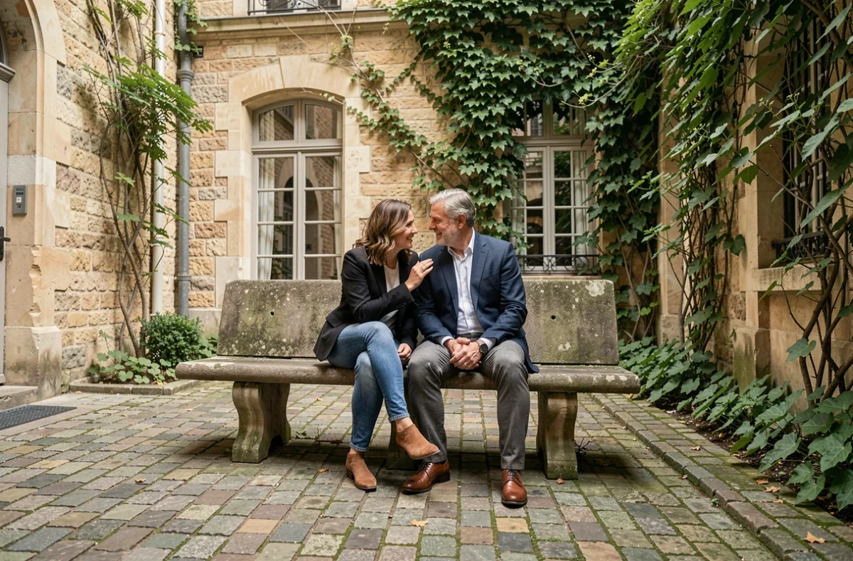 Couple en conversation authentique dans une cour parisienne en pierre, illustrant la relation amoureuse et le mariage