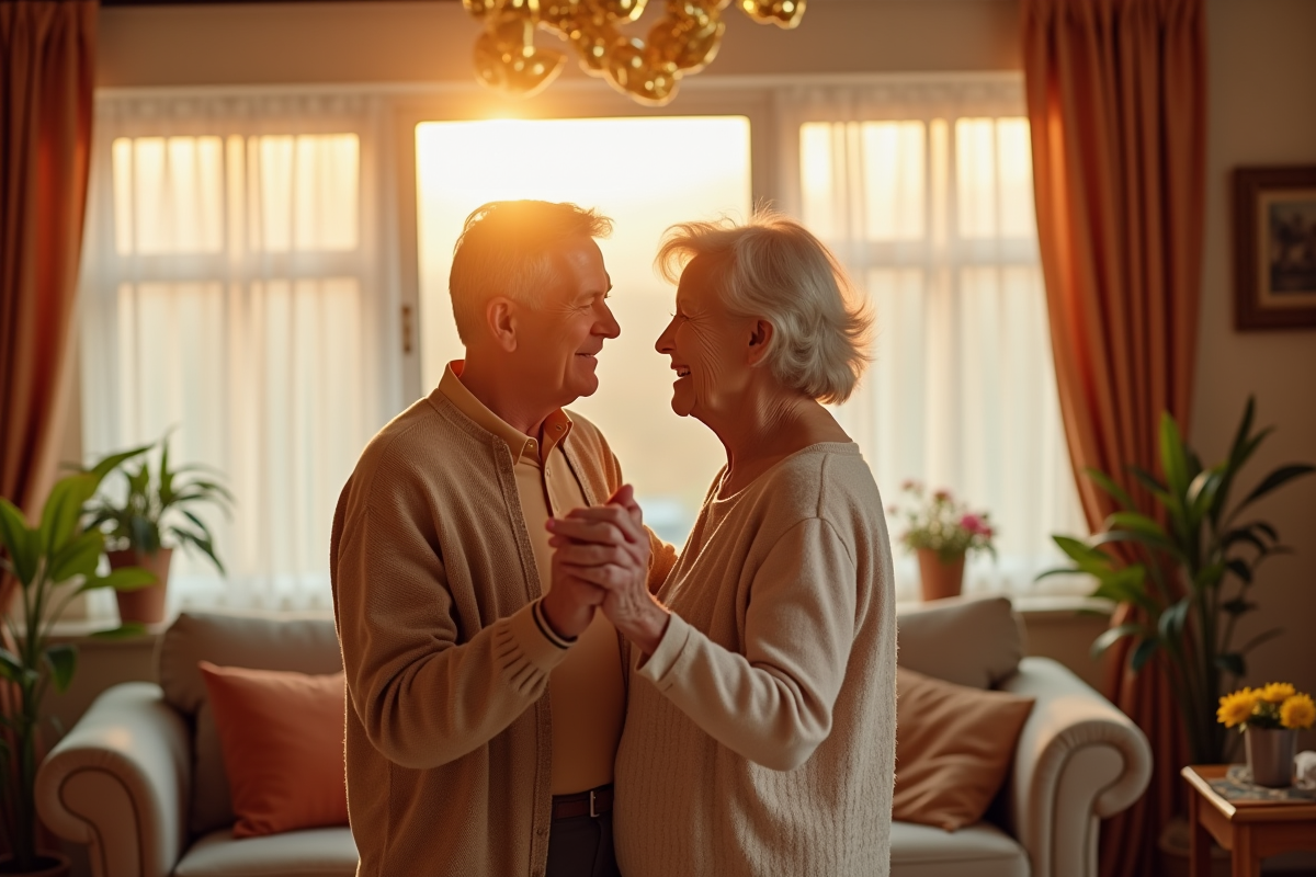 Couple d'anciens dansant dans un salon chaleureux