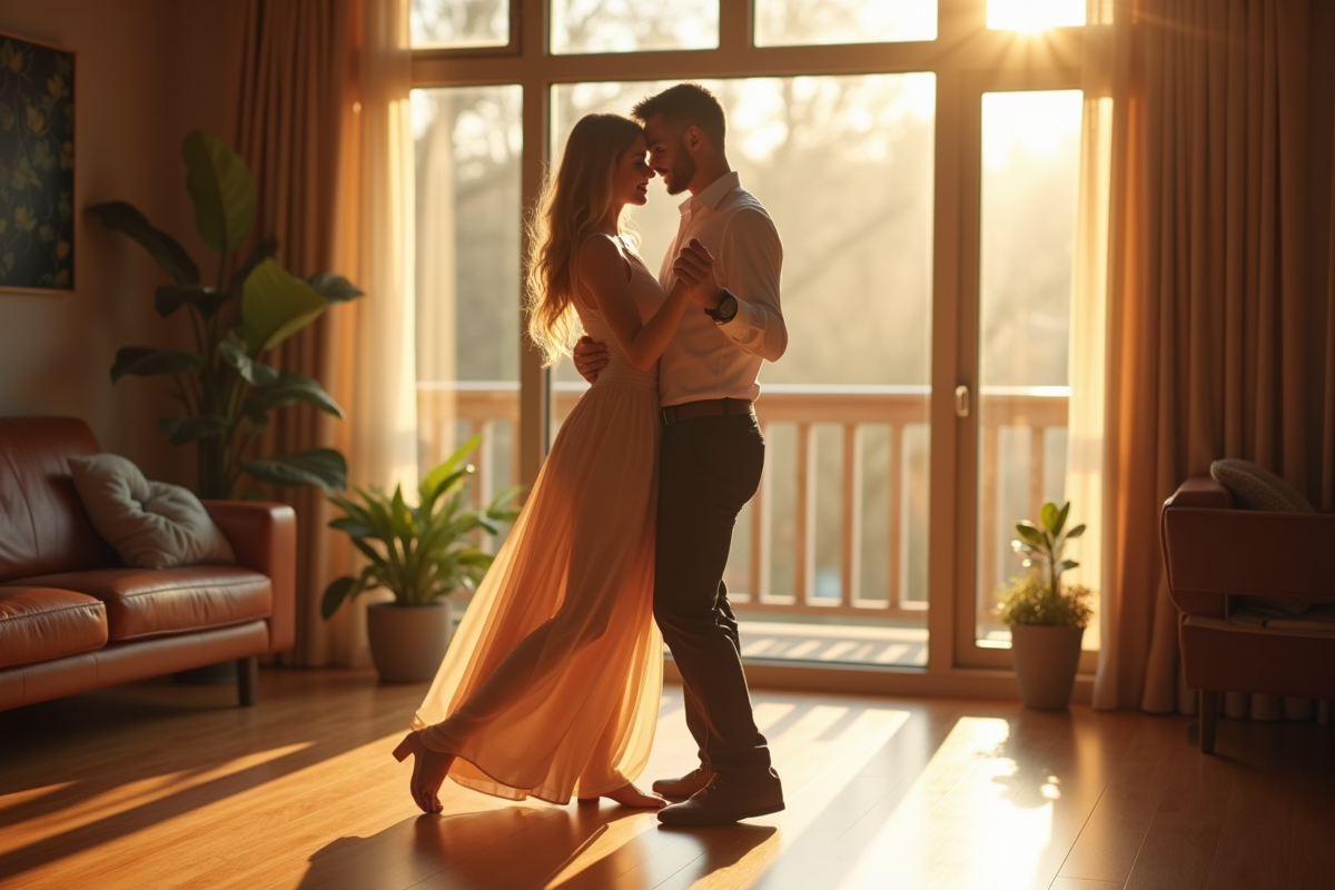 Couple dansant dans un salon moderne chaleureux