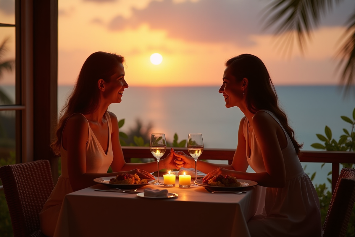 Couple élégant main dans la main au dîner romantique au coucher du soleil
