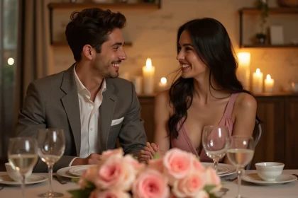 Jeune couple souriant lors d'un dîner romantique élégant
