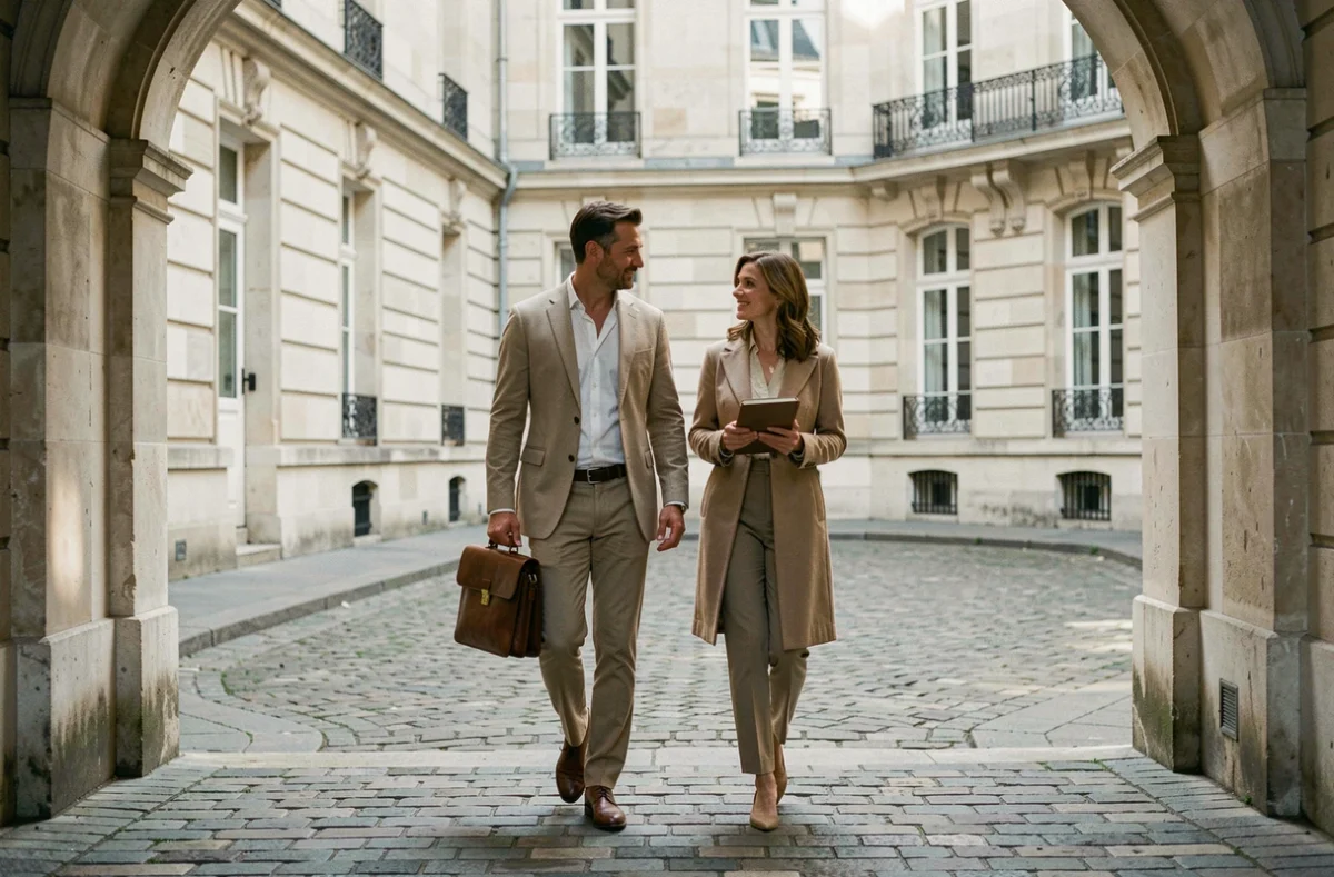 Couple élégant marchant dans une cour parisienne illustrant la vie professionnelle et personnelle d'un journaliste reconnu