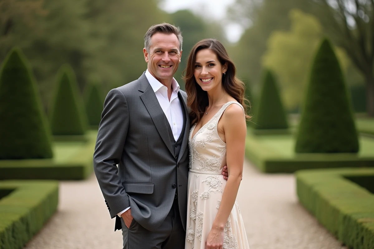 Couple élégant dans un jardin à la française, portrait extérieur style éditorial évoquant une cérémonie ou un mariage officiel