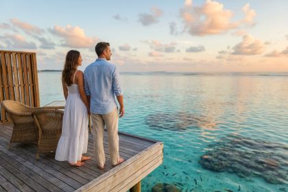 Couple en lune de miel sur un bungalow sur l'eau aux Maldives, destination de voyage de noces de luxe