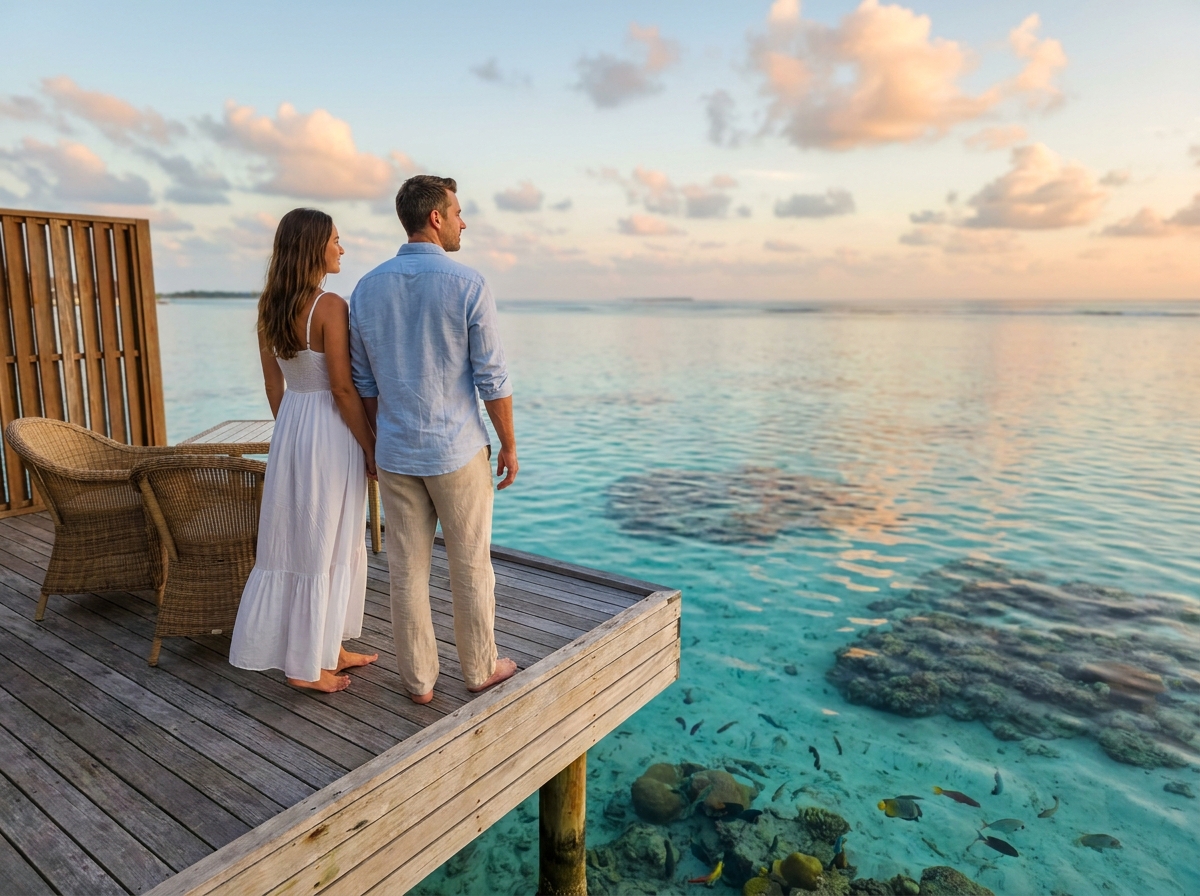 Couple en lune de miel sur un bungalow sur l'eau aux Maldives, destination de voyage de noces de luxe