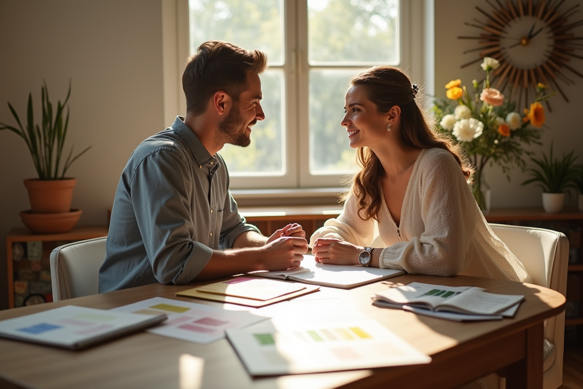 Couple planifiant leur mariage autour d'une table ensoleillee