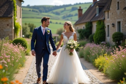 Jeune couple en mariage dans la campagne française