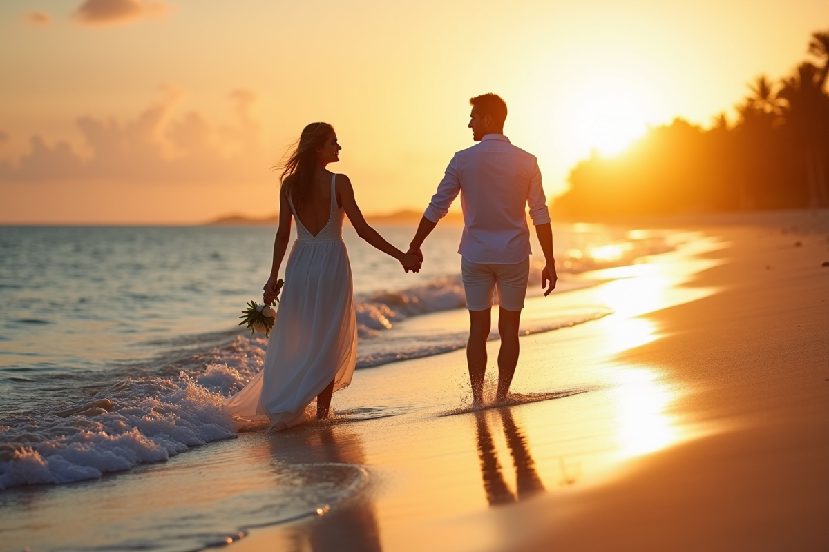 Jeune couple marié main dans la main sur une plage tropicale au coucher de soleil
