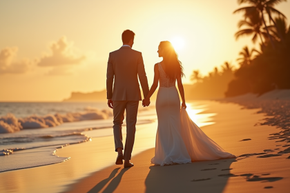 Jeune couple marié marchant sur la plage tropicale au coucher du soleil