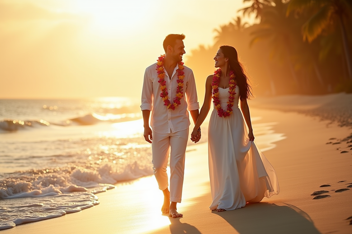 Jeune couple marié marchant sur une plage tropicale au coucher du soleil