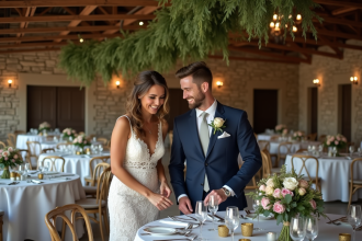 Jeune couple riant dans une salle de mariage rustique
