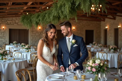 Jeune couple riant dans une salle de mariage rustique