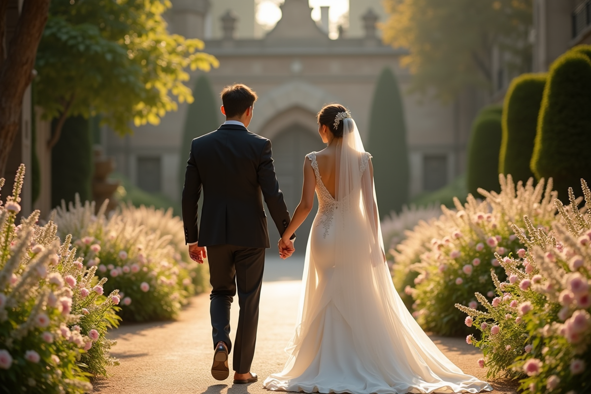 Couple élégant marchant dans un jardin fleuri lors d'un mariage