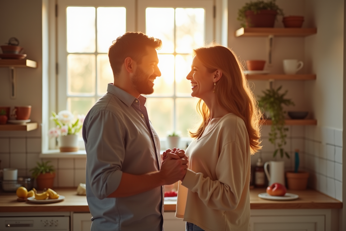 Couple marié souriant dans la cuisine lumineuse