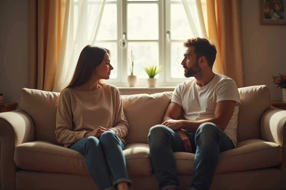 Couple marié assis séparément dans un salon lumineux tension