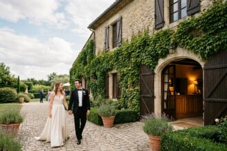 Couple de mariés arrivant à leur hébergement sur place après la cérémonie dans un château de campagne