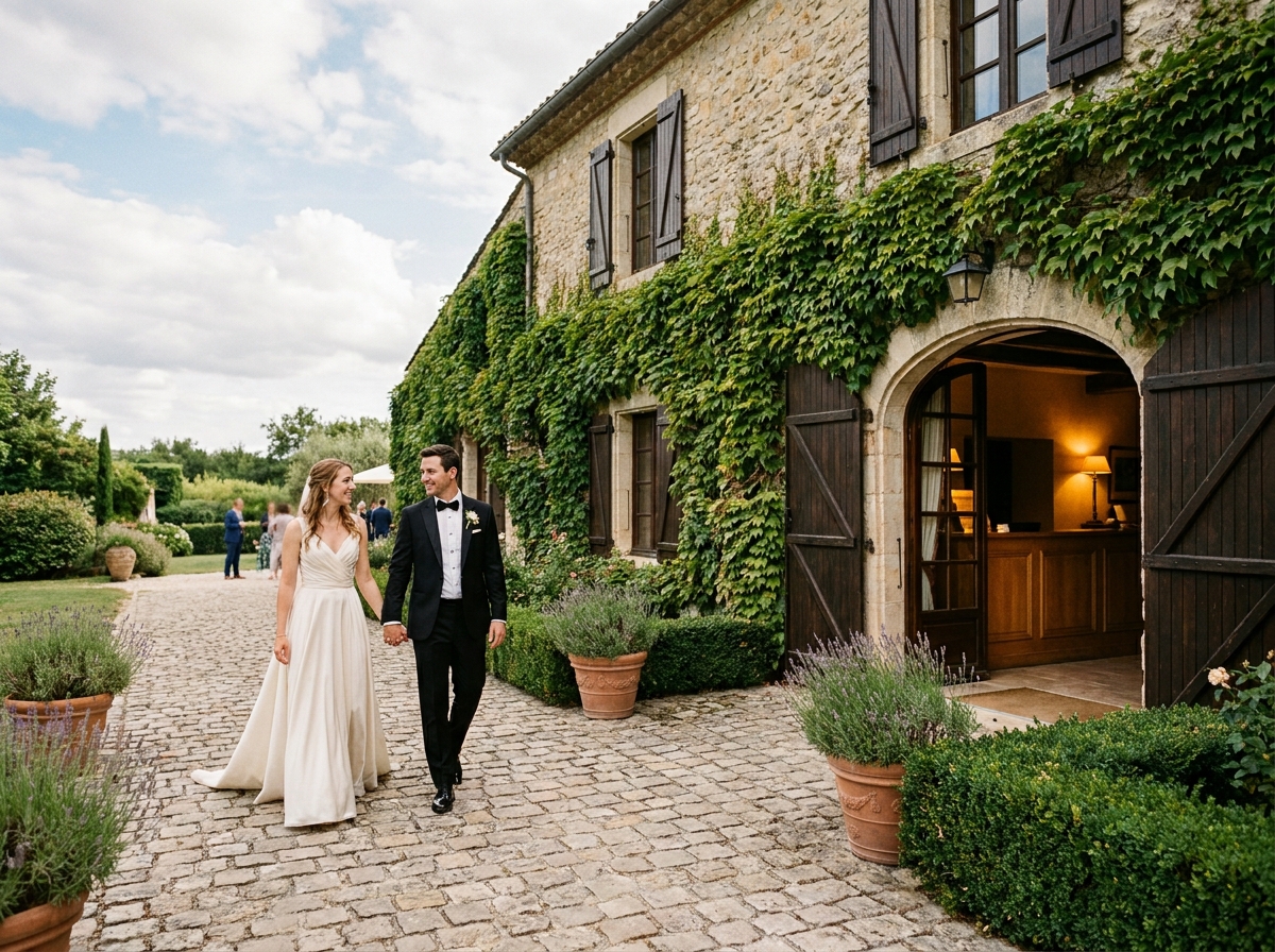 Couple de mariés arrivant à leur hébergement sur place après la cérémonie dans un château de campagne