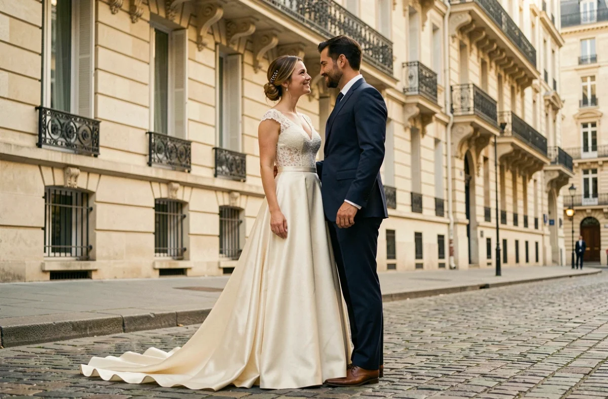 Couple de mariés devant un immeuble haussmannien parisien avec robe de mariée en satin et dentelle abordable