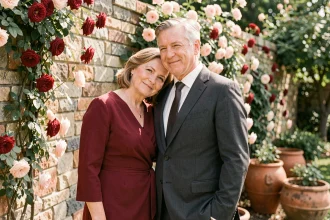 Couple célébrant 35 ans de mariage dans un jardin fleuri avec des roses rouges, noces de rubis