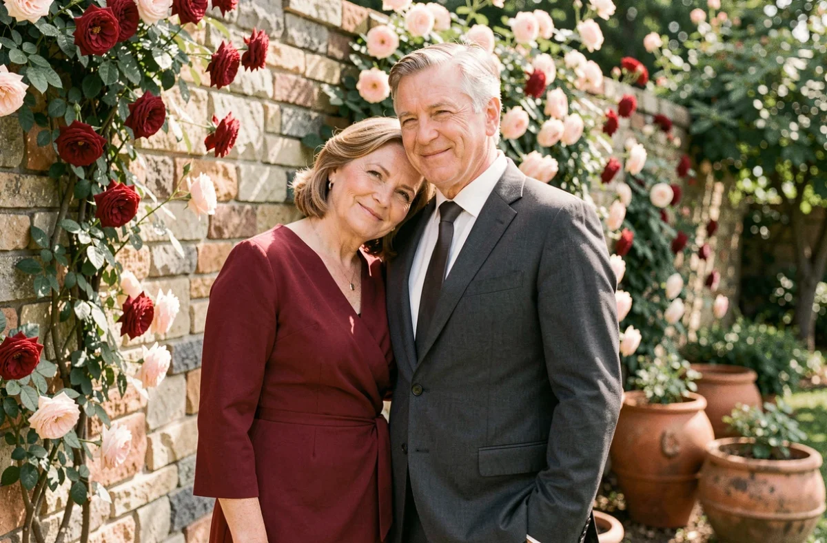 Couple célébrant 35 ans de mariage dans un jardin fleuri avec des roses rouges, noces de rubis