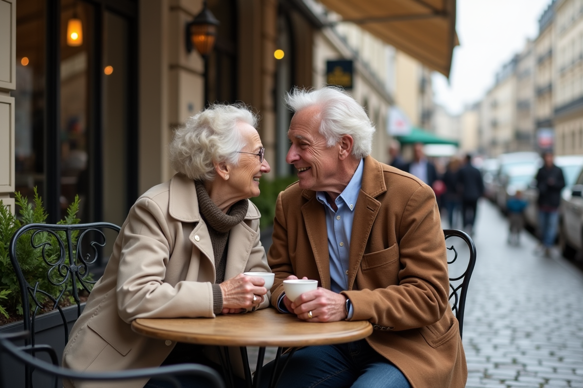 Couple âgé partage un café dans un café parisien