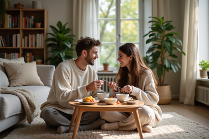 Jeune couple en loungewear partage petit déjeuner cosy