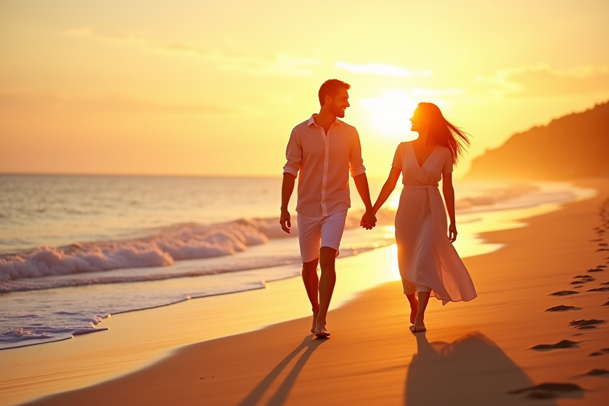 Couple heureux marchant sur la plage au coucher de soleil
