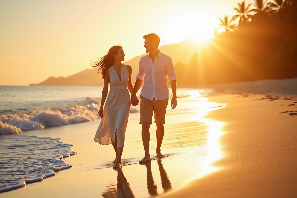 Couple heureux marchant sur une plage tropicale au coucher du soleil