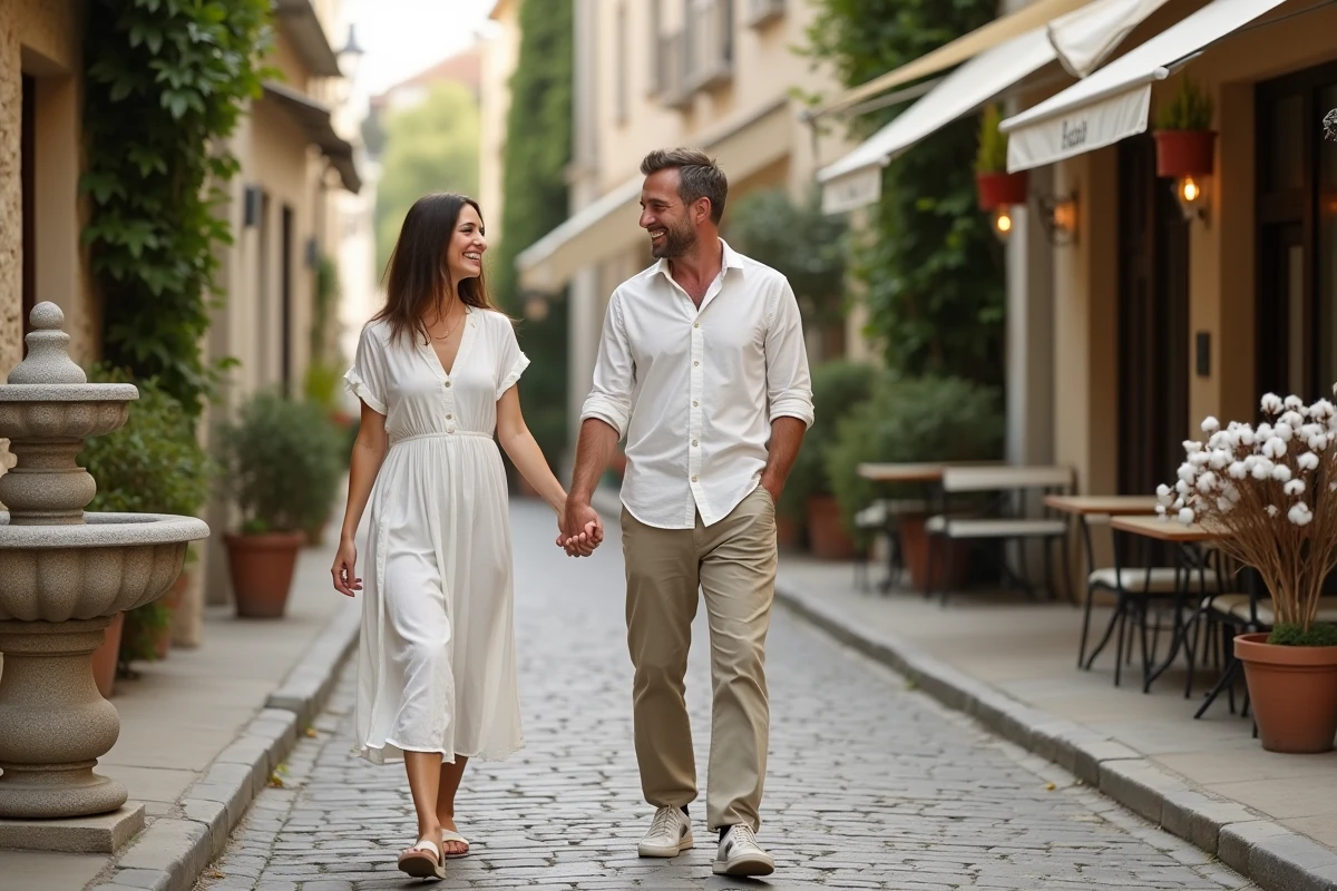 Couple se promenant dans une rue pavée française pour fêter leurs 2 ans de mariage noce de coton