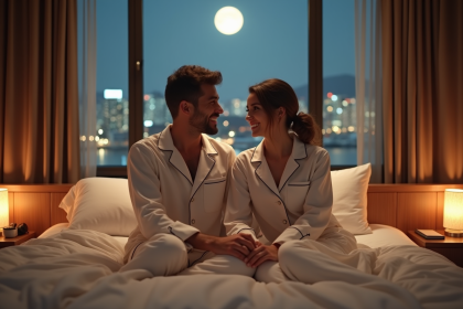 Jeune couple en pyjamas dans un lit d'hôtel romantique