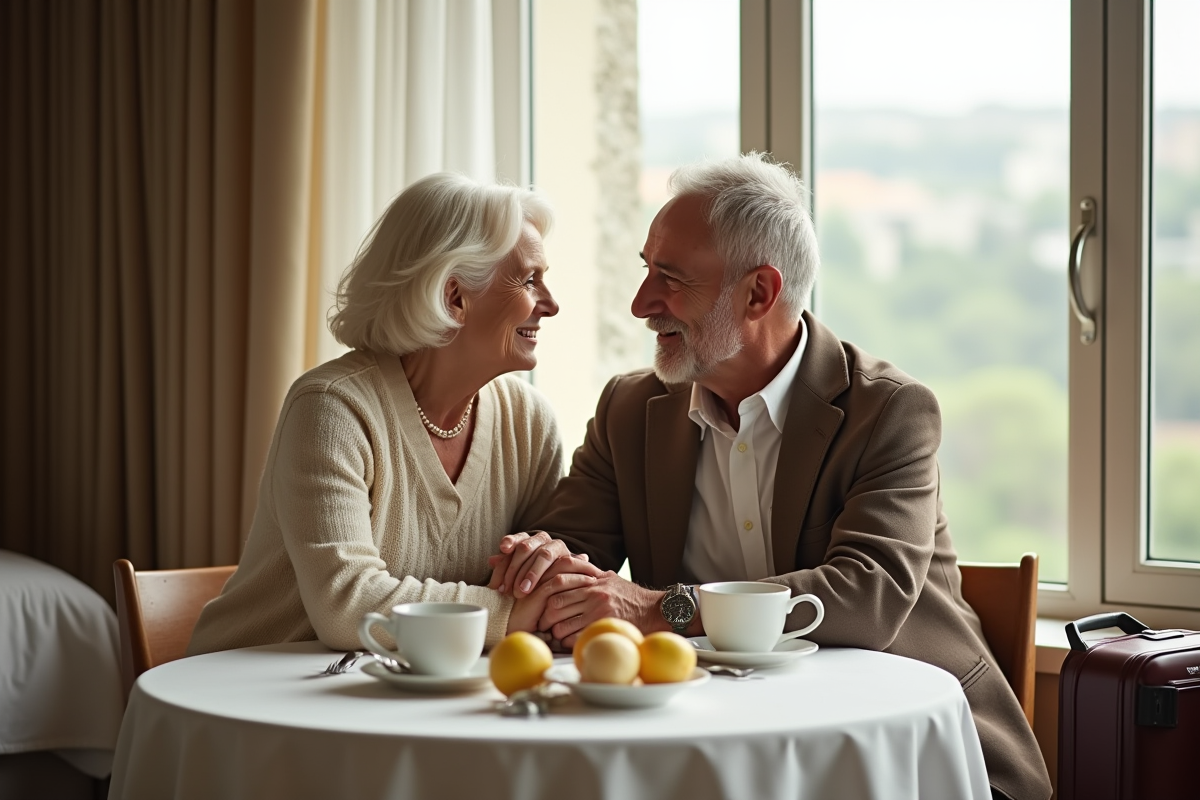 Vieux couple assis à un petit déjeuner dans une chambre lumineuse