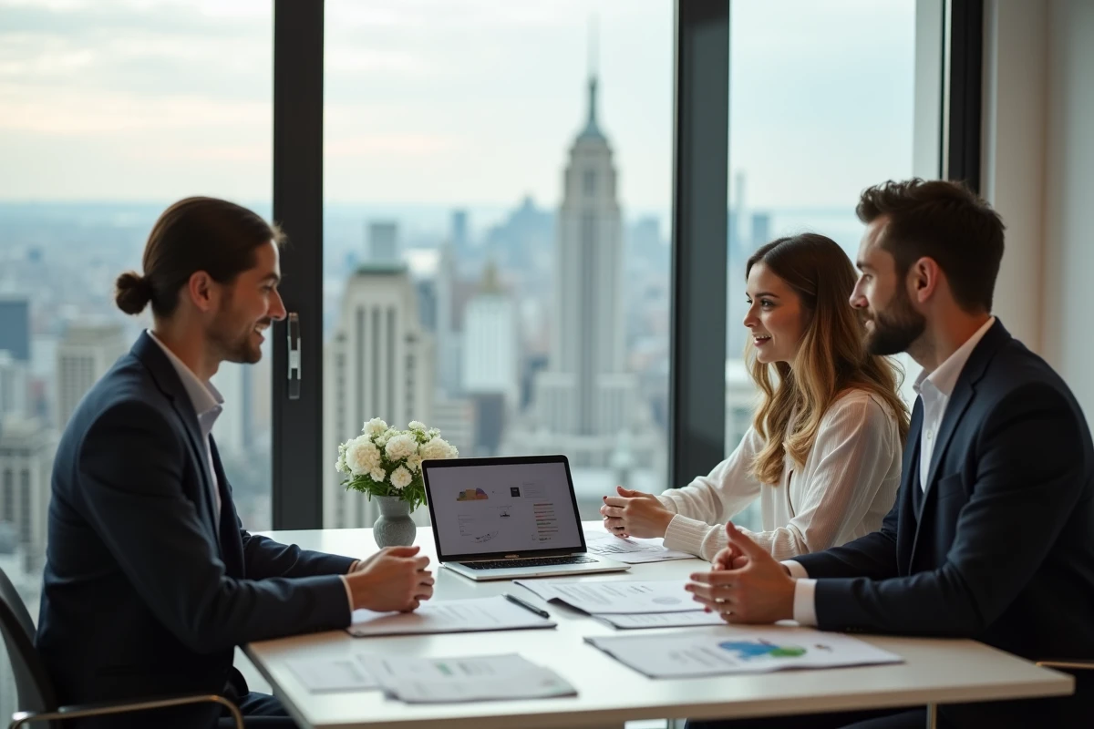 Couple de futurs mariés en réunion avec une wedding planner qui présente des offres de services et tarifs sur une tablette dans un bureau moderne avec vue sur la ville