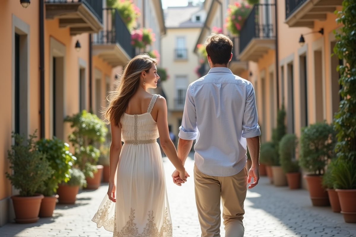 Jeune couple romantique se promenant dans une rue européenne