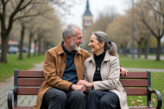 Couple d'âge moyen dans un parc urbain avec église en arrière-plan