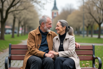 Couple d'âge moyen dans un parc urbain avec église en arrière-plan
