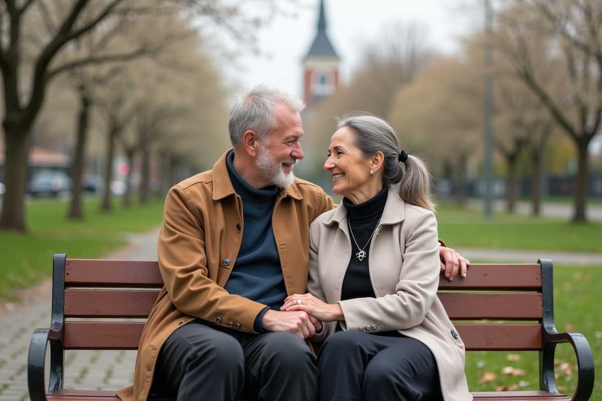 Couple d'âge moyen dans un parc urbain avec église en arrière-plan
